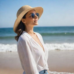 A woman enjoying a peaceful day at the beach. She is wearing a sun hat, sunglasses, and a trendy summer outfit while she watches the waves crash on the shore.