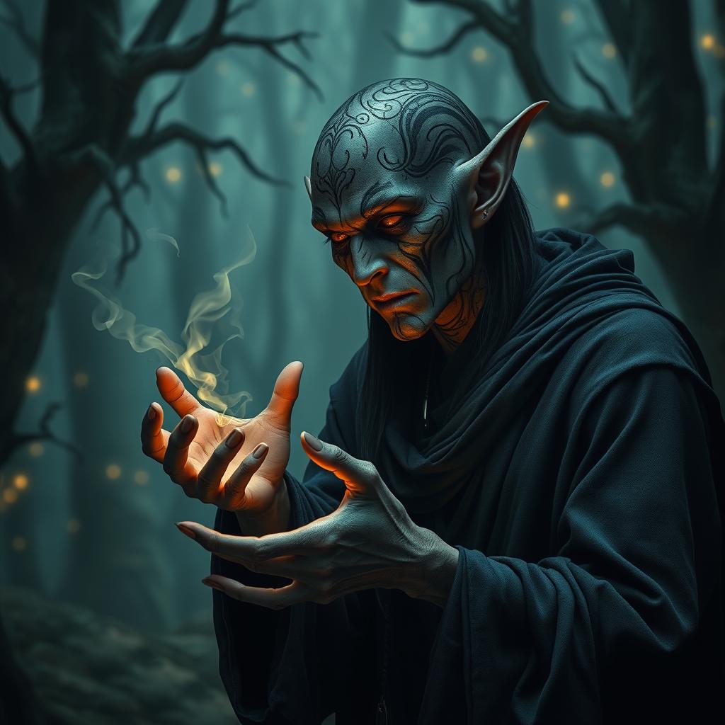 In a dark fantasy setting, a wicked elf with elaborate face tattoos is captured mid-action, using dark magic to steal lifeforce from a helpless victim