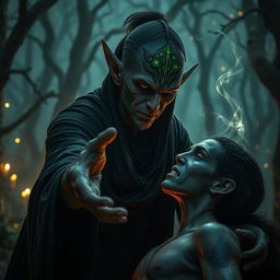 In a dark fantasy setting, a wicked elf with elaborate face tattoos is captured mid-action, using dark magic to steal lifeforce from a helpless victim