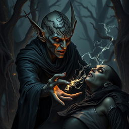 In a dark fantasy setting, a wicked elf with elaborate face tattoos is captured mid-action, using dark magic to steal lifeforce from a helpless victim