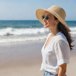 A woman enjoying a peaceful day at the beach. She is wearing a sun hat, sunglasses, and a trendy summer outfit while she watches the waves crash on the shore.