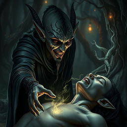 In a dark fantasy setting, a wicked elf with elaborate face tattoos is captured mid-action, using dark magic to steal lifeforce from a helpless victim