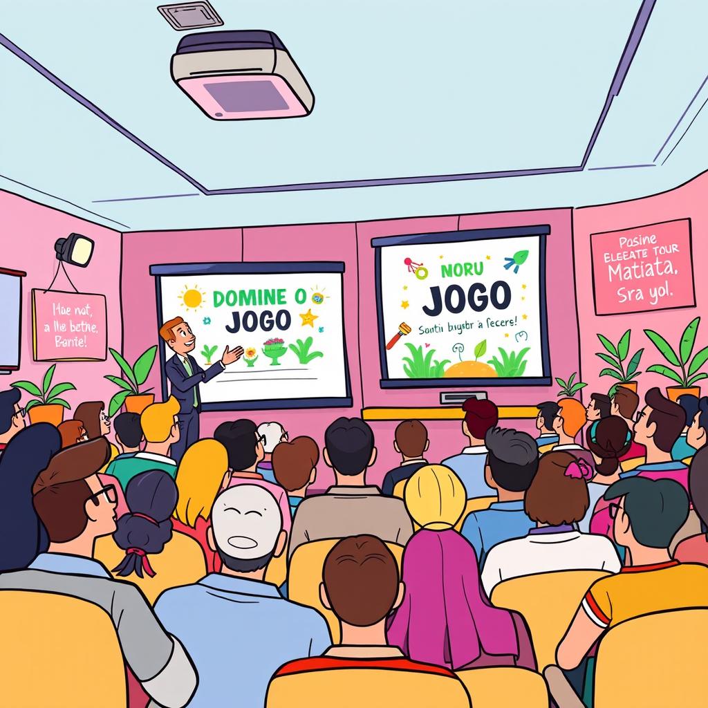 A cartoon-style illustration depicting the theme 'Domine o Jogo Social: Como o Desenvolvimento Pessoal e Comportamental Pode Transformar Sua Vida' as a vibrant scene from a lecture