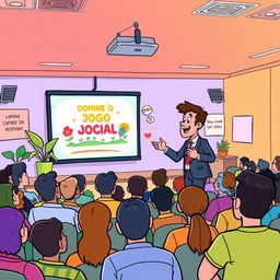 A cartoon-style illustration depicting the theme 'Domine o Jogo Social: Como o Desenvolvimento Pessoal e Comportamental Pode Transformar Sua Vida' as a vibrant scene from a lecture