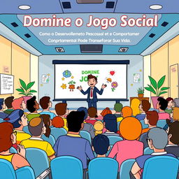 A cartoon-style illustration depicting the theme 'Domine o Jogo Social: Como o Desenvolvimento Pessoal e Comportamental Pode Transformar Sua Vida' as a vibrant scene from a lecture