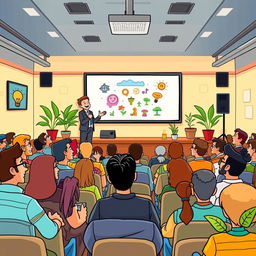 A cartoon-style illustration depicting the theme 'Domine o Jogo Social: Como o Desenvolvimento Pessoal e Comportamental Pode Transformar Sua Vida' as a vibrant scene from a lecture