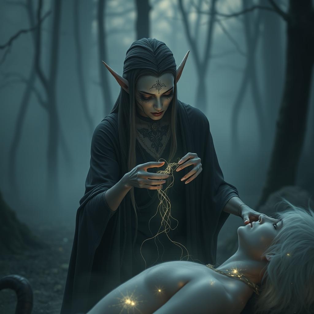 In a somber dark fantasy setting, a melancholic elf with distinct face tattoos is depicted in a poignant moment as it steals lifeforce from a weary victim