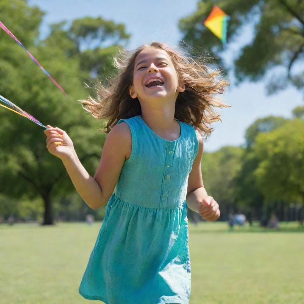 A young girl enjoying a sunny day in a lush, green park. She's laughing as she flies a colorful kite in a clear blue sky.