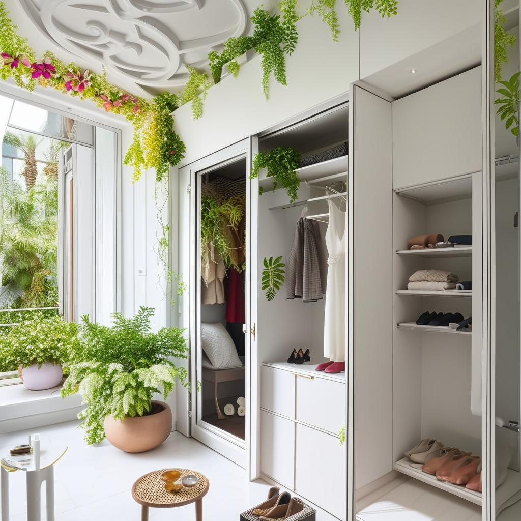 An elegant bedroom having a balcony with a gate adorned with vibrant living plants, a white designer wall, a sliding wardrobe, and a shoe case. It also includes a large royal makeup table with a mirror and a white bed.