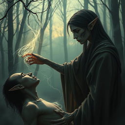 In a somber dark fantasy setting, a melancholic elf with distinct face tattoos is depicted in a poignant moment as it steals lifeforce from a weary victim