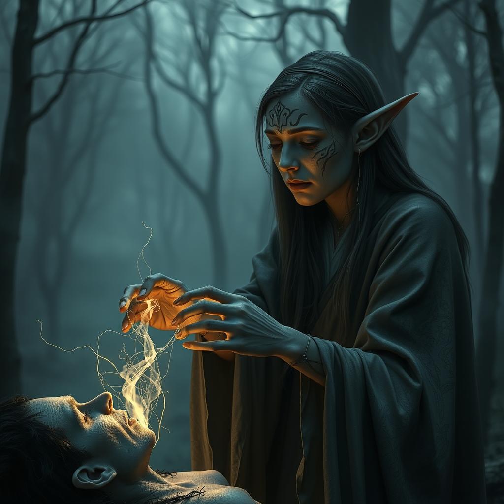 In a somber dark fantasy setting, a melancholic elf with distinct face tattoos is depicted in a poignant moment as it steals lifeforce from a weary victim