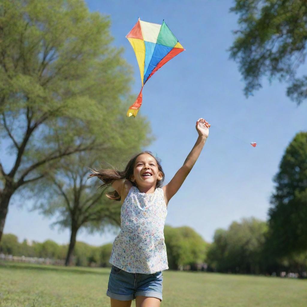 A young girl enjoying a sunny day in a lush, green park. She's laughing as she flies a colorful kite in a clear blue sky.