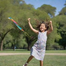 A young girl enjoying a sunny day in a lush, green park. She's laughing as she flies a colorful kite in a clear blue sky.