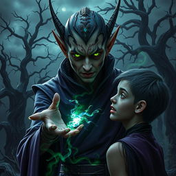 In a captivating dark fantasy scene, a villainous elf adorned with striking face tattoos is depicted in the act of stealing lifeforce from an unsuspecting victim