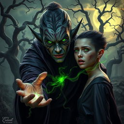 In a captivating dark fantasy scene, a villainous elf adorned with striking face tattoos is depicted in the act of stealing lifeforce from an unsuspecting victim