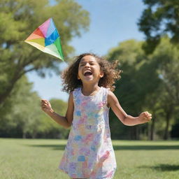 A young girl enjoying a sunny day in a lush, green park. She's laughing as she flies a colorful kite in a clear blue sky.