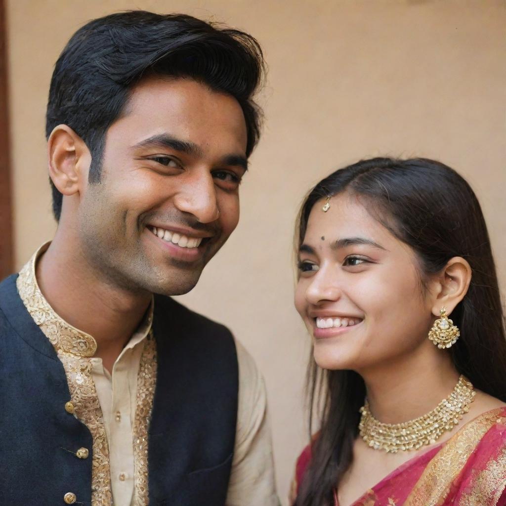 A confident young girl with noticeable pimples happily dating a traditionally dressed Indian guy