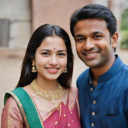 A confident young girl with noticeable pimples happily dating a traditionally dressed Indian guy