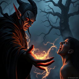 In a dramatic dark fantasy scene, a villainous elf with elaborate face tattoos is depicted as it steals lifeforce from an unsuspecting victim