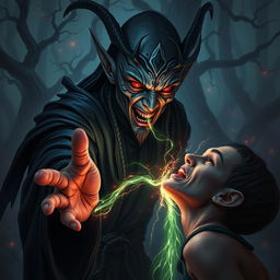 In a dramatic dark fantasy scene, a villainous elf with elaborate face tattoos is depicted as it steals lifeforce from an unsuspecting victim