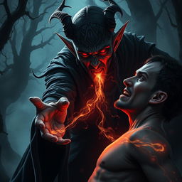 In a dramatic dark fantasy scene, a villainous elf with elaborate face tattoos is depicted as it steals lifeforce from an unsuspecting victim