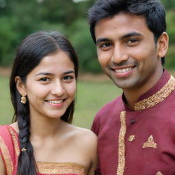 A confident young girl with noticeable pimples happily dating a traditionally dressed Indian guy