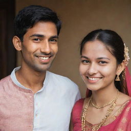 A confident young girl with noticeable pimples happily dating a traditionally dressed Indian guy