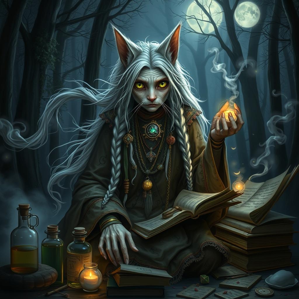 In a mystical dark fantasy setting, an elderly catgirl witch is portrayed, exuding an aura of wisdom and mystery