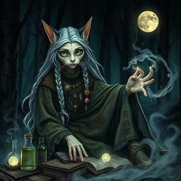 In a mystical dark fantasy setting, an elderly catgirl witch is portrayed, exuding an aura of wisdom and mystery