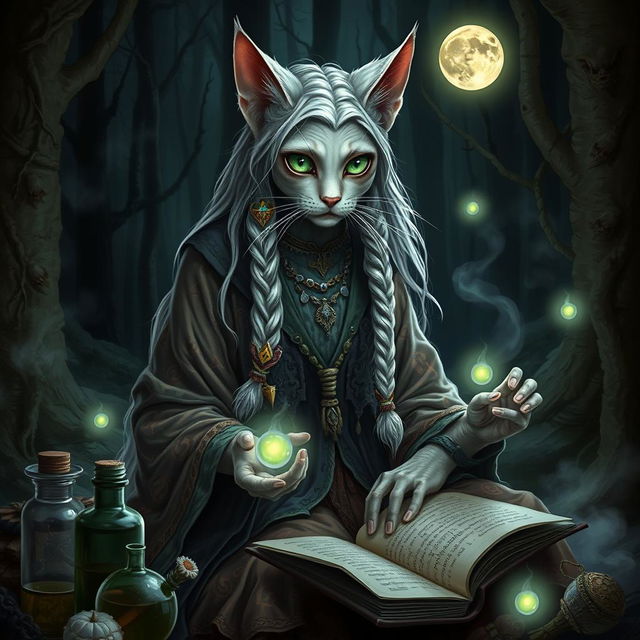 In a mystical dark fantasy setting, an elderly catgirl witch is portrayed, exuding an aura of wisdom and mystery