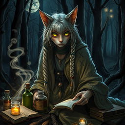 In a mystical dark fantasy setting, an elderly catgirl witch is portrayed, exuding an aura of wisdom and mystery