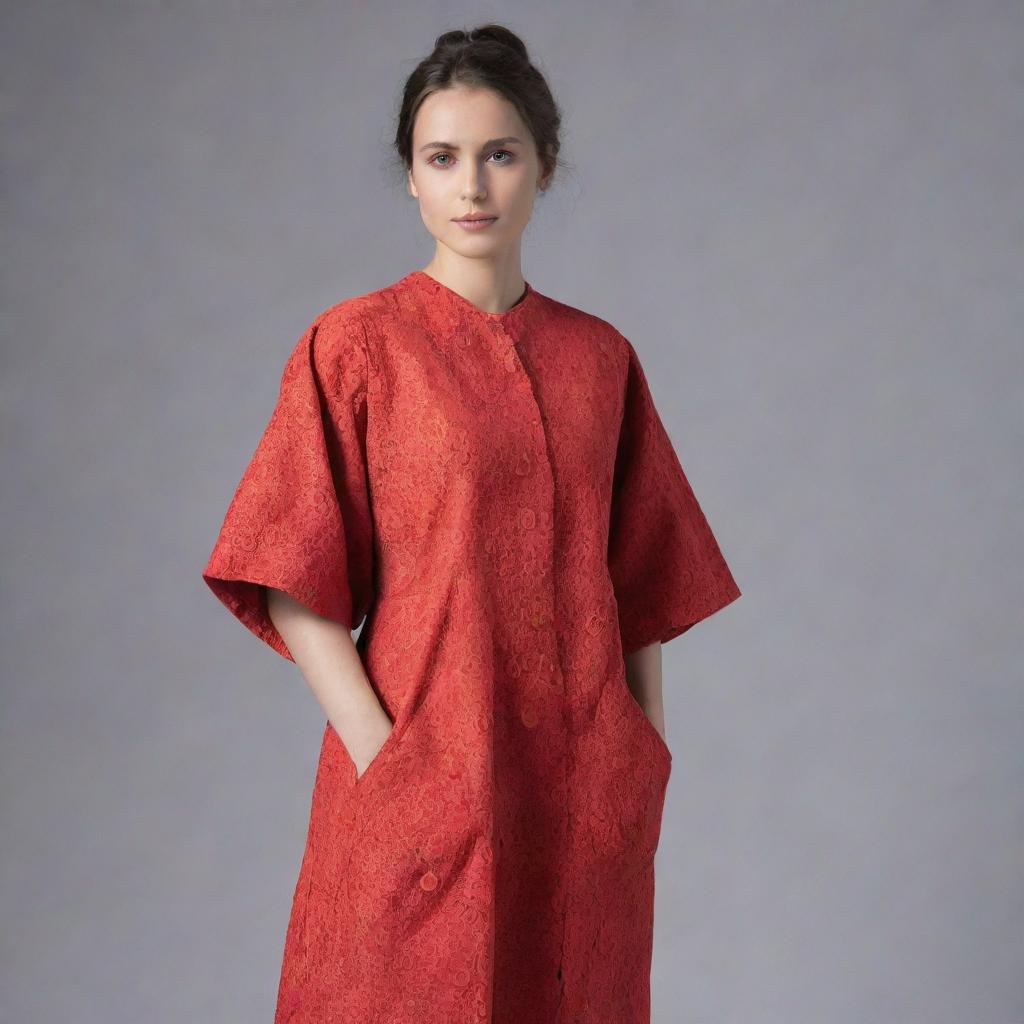 Design a lab gown inspired by the structure of red blood cells. Emphasize the biconcave, doughnut-like shape and vibrant red color in the design, merging the essence of science and fashion.