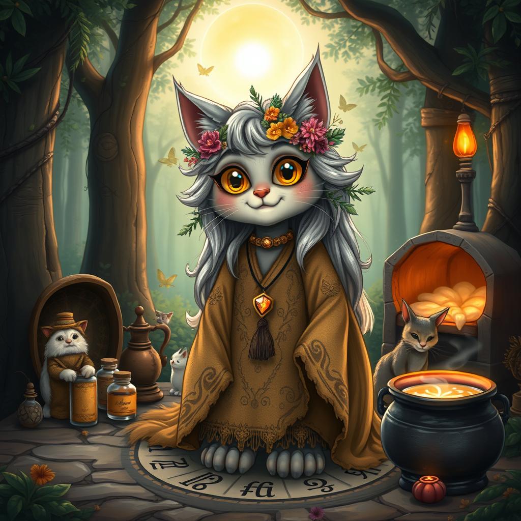 In a whimsical dark fantasy setting, a grandmotherly catgirl witch is depicted, radiating warmth and wisdom