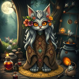 In a whimsical dark fantasy setting, a grandmotherly catgirl witch is depicted, radiating warmth and wisdom