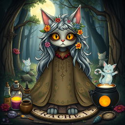 In a whimsical dark fantasy setting, a grandmotherly catgirl witch is depicted, radiating warmth and wisdom