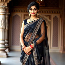 An Indian girl wearing a stunning and elegant hot black transparent saree that delicately drapes around her body