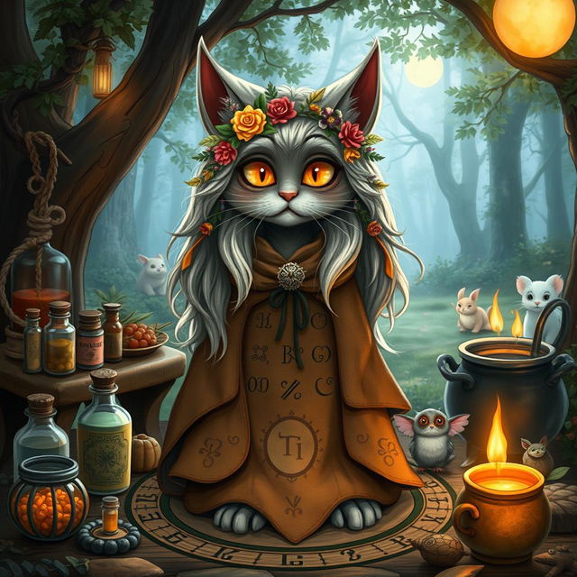 In a whimsical dark fantasy setting, a grandmotherly catgirl witch is depicted, radiating warmth and wisdom