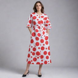 Design a lab gown inspired by the structure of red blood cells. Emphasize the biconcave, doughnut-like shape and vibrant red color in the design, merging the essence of science and fashion.