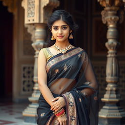 An Indian girl wearing a stunning and elegant hot black transparent saree that delicately drapes around her body