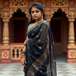 An Indian girl wearing a stunning and elegant hot black transparent saree that delicately drapes around her body