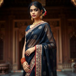 An Indian girl wearing a stunning and elegant hot black transparent saree that delicately drapes around her body