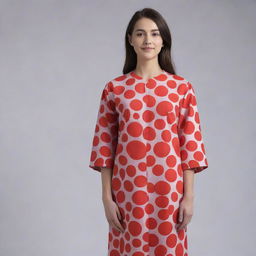 Design a lab gown inspired by the structure of red blood cells. Emphasize the biconcave, doughnut-like shape and vibrant red color in the design, merging the essence of science and fashion.