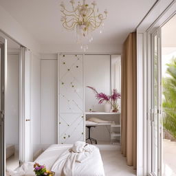 An elegant bedroom having a balcony with a gate adorned with vibrant living plants, a white designer wall, a sliding wardrobe, and a shoe case. It also includes a large royal makeup table with a mirror and a white bed.