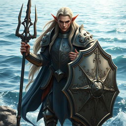 A majestic sea elf rune knight, standing confidently with a trident in one hand and a large ornate shield in the other