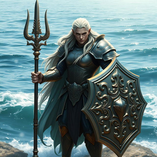 A majestic sea elf rune knight, standing confidently with a trident in one hand and a large ornate shield in the other