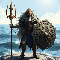 A majestic sea elf rune knight, standing confidently with a trident in one hand and a large ornate shield in the other