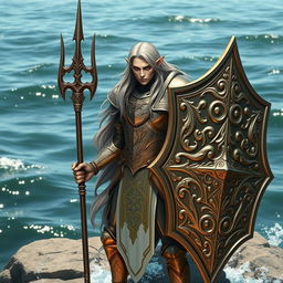 A majestic sea elf rune knight, standing confidently with a trident in one hand and a large ornate shield in the other