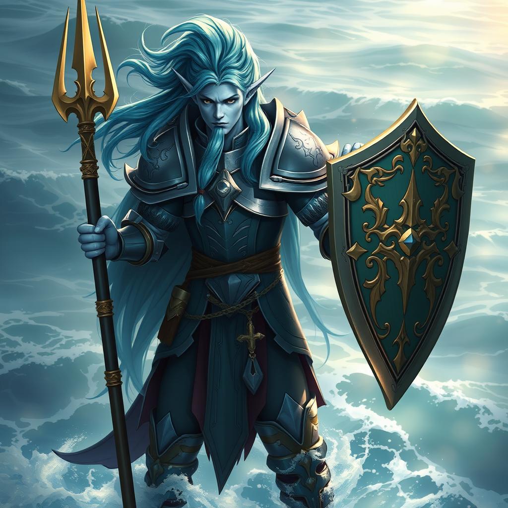 A stunning sea elf rune knight with bluish skin and vibrant green-blue hair, standing proudly with a trident in one hand and a beautifully crafted shield in the other