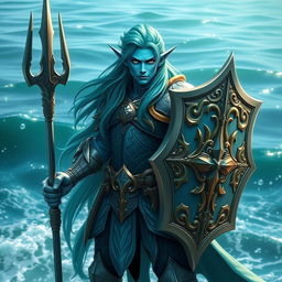 A stunning sea elf rune knight with bluish skin and vibrant green-blue hair, standing proudly with a trident in one hand and a beautifully crafted shield in the other