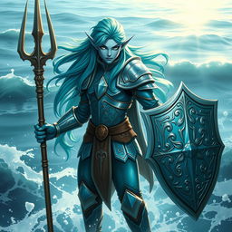 A stunning sea elf rune knight with bluish skin and vibrant green-blue hair, standing proudly with a trident in one hand and a beautifully crafted shield in the other